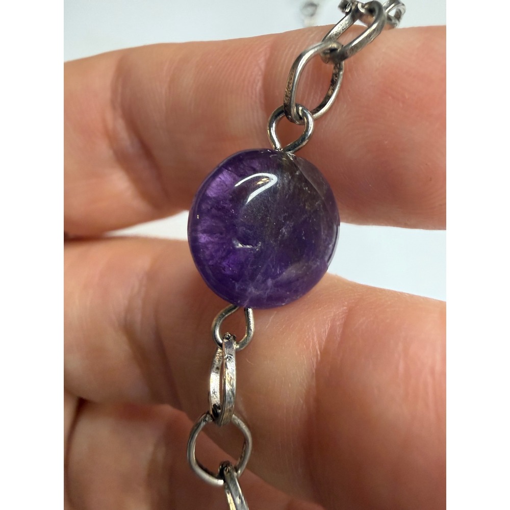 Silver Tone Amethyst Stone Bead Station Necklace Purple Textured Links 22 Inch
